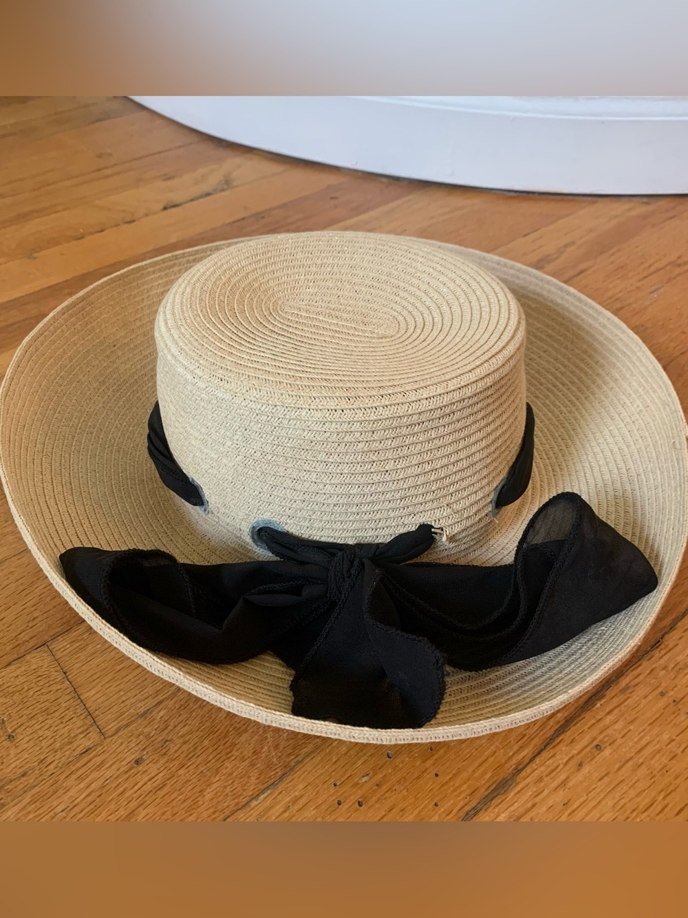 HBY Miami cream paper straw hat with black ribbon bow one size